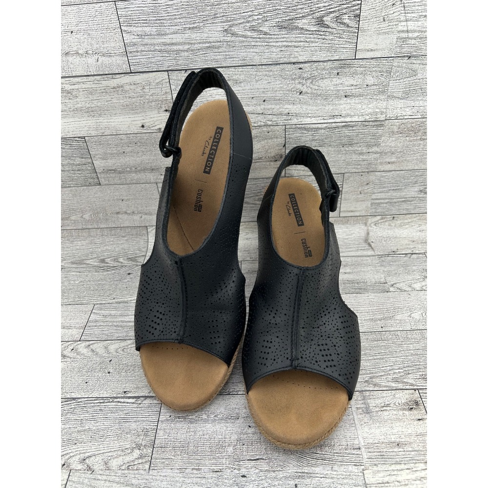 Clarks Collection Black Perforated Leather Wedge Sandals Cushion Soft Women 9M